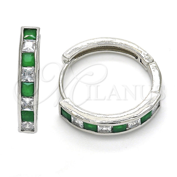 White Gold Filled Hoop Earrings — Huggie Hoop with Green and White Cubic Zirconia — main product view — SKU 120442 | Oro Laminado Blanco aretes de aro — Huggie Hoop with Green and blanco Cubic Zirconia — SKU 120442