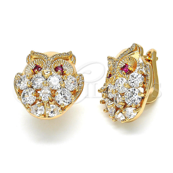 Oro Laminado Stud Earring, Gold Filled Style Owl Design, with Garnet and White Cubic Zirconia, Polished, Golden Finish, 02.26.0252