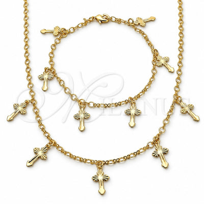 Oro Laminado Necklace and Bracelet, Gold Filled Style Cross Design, Polished, Golden Finish, 06.63.0211