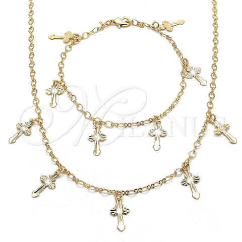 Oro Laminado Necklace and Bracelet, Gold Filled Style Cross Design, Polished, Golden Finish, 06.63.0211