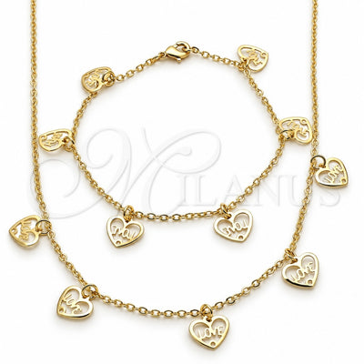 Oro Laminado Necklace and Bracelet, Gold Filled Style Heart and Love Design, Polished, Golden Finish, 06.63.0212