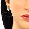Oro Laminado Huggie Hoop, Gold Filled Style Flower Design, with White Cubic Zirconia, Polished, Golden Finish, 02.264.0030.15
