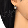 Oro Laminado Huggie Hoop, Gold Filled Style Flower Design, with White Cubic Zirconia, Polished, Golden Finish, 02.264.0030.15