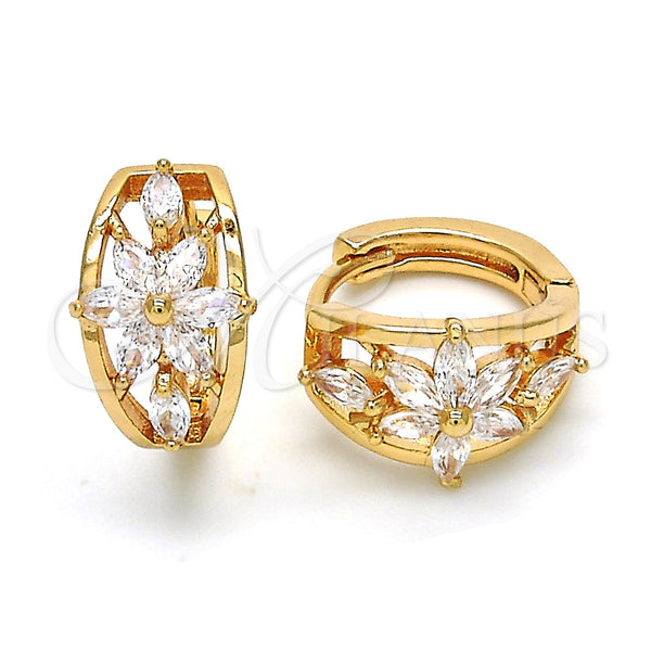 Gold Filled Hoop Earrings — Huggie Hoop Flower Design with White Cubic Zirconia — main product view — SKU 120534 | Oro Laminado aretes de aro — Huggie Hoop flor diseño with blanco Cubic Zirconia — SKU 120534