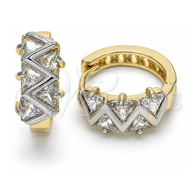 Oro Laminado Huggie Hoop, Gold Filled Style Baguette Design, with White Cubic Zirconia, Polished, Two Tone, 02.210.0036.2.15