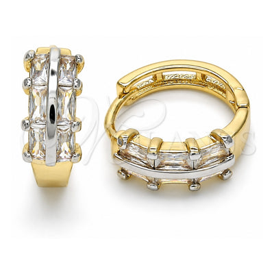 Oro Laminado Huggie Hoop, Gold Filled Style Baguette Design, with White Cubic Zirconia, Polished, Two Tone, 02.210.0109.15
