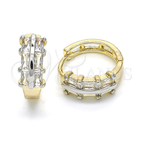 Oro Laminado Huggie Hoop, Gold Filled Style Baguette Design, with White Cubic Zirconia, Polished, Two Tone, 02.210.0109.15
