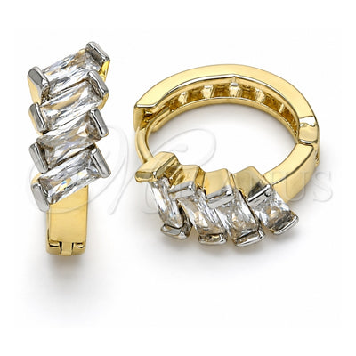 Oro Laminado Huggie Hoop, Gold Filled Style Baguette Design, with White Cubic Zirconia and Multicolor Crystal, Polished, Two Tone, 02.210.0031.2.15