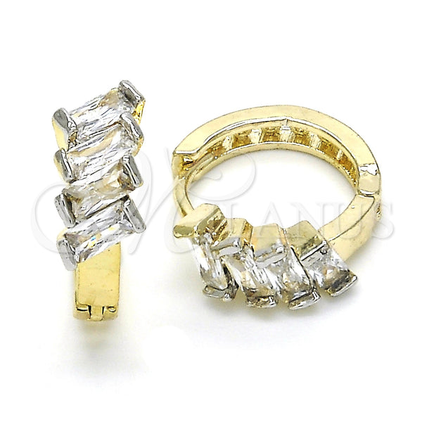 Gold Filled Hoop Earrings — Huggie Hoop Baguette Design with White Cubic Zirconia — main product view — SKU 120550 | Oro Laminado aretes de aro — Huggie Hoop Baguette diseño with blanco Cubic Zirconia — SKU 120550
