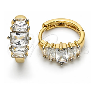 Oro Laminado Huggie Hoop, Gold Filled Style Baguette Design, with White Cubic Zirconia, Polished, Two Tone, 02.210.0070.3.15