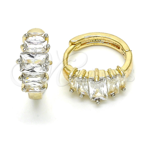 Gold Filled Hoop Earrings — Huggie Hoop Baguette Design with White Cubic Zirconia — main product view — SKU 120555 | Oro Laminado aretes de aro — Huggie Hoop Baguette diseño with blanco Cubic Zirconia — SKU 120555