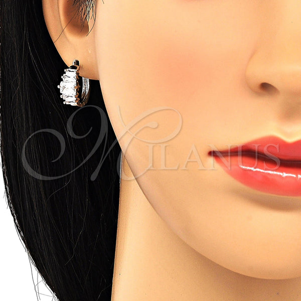 White Gold Filled Hoop Earrings — Huggie Hoop Baguette Design with White Cubic Zirconia — alternate product view — SKU 120556 | Oro Laminado Blanco aretes de aro — Huggie Hoop Baguette diseño with blanco Cubic Zirconia — SKU 120556
