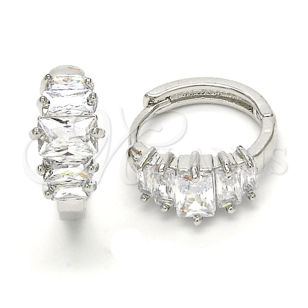 White Gold Filled Hoop Earrings — Huggie Hoop Baguette Design with White Cubic Zirconia — main product view — SKU 120556 | Oro Laminado Blanco aretes de aro — Huggie Hoop Baguette diseño with blanco Cubic Zirconia — SKU 120556