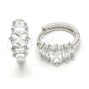 White Gold Filled Hoop Earrings — Huggie Hoop Baguette Design with White Cubic Zirconia — main product view — SKU 120556 | Oro Laminado Blanco aretes de aro — Huggie Hoop Baguette diseño with blanco Cubic Zirconia — SKU 120556