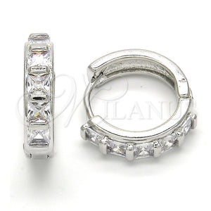 White Gold Filled Hoop Earrings — Huggie Hoop with White Cubic Zirconia Polished 02. — main product view — SKU 120563 | Oro Laminado Blanco aretes de aro — Huggie Hoop with blanco Cubic Zirconia pulido 02. — SKU 120563