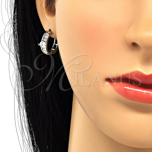 White Gold Filled Hoop Earrings — Huggie Hoop Baguette Design with White Cubic Zirconia — alternate product view — SKU 120573 | Oro Laminado Blanco aretes de aro — Huggie Hoop Baguette diseño with blanco Cubic Zirconia — SKU 120573