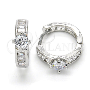White Gold Filled Hoop Earrings — Huggie Hoop Baguette Design with White Cubic Zirconia — main product view — SKU 120573 | Oro Laminado Blanco aretes de aro — Huggie Hoop Baguette diseño with blanco Cubic Zirconia — SKU 120573