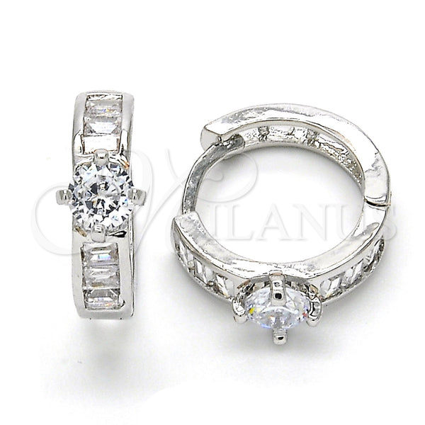White Gold Filled Hoop Earrings — Huggie Hoop Baguette Design with White Cubic Zirconia — main product view — SKU 120573 | Oro Laminado Blanco aretes de aro — Huggie Hoop Baguette diseño with blanco Cubic Zirconia — SKU 120573