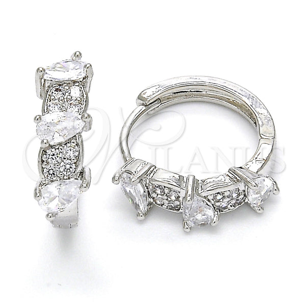 White Gold Filled Hoop Earrings — Huggie Hoop Teardrop Design with White Cubic Zirconia — main product view — SKU 120575 | Oro Laminado Blanco aretes de aro — Huggie Hoop Teardrop diseño with blanco Cubic Zirconia — SKU 120575