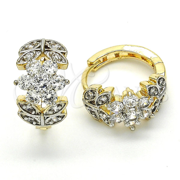 Gold Filled Hoop Earrings — Huggie Hoop Flower and Leaf Design with White — main product view — SKU 120621 | Oro Laminado aretes de aro — Huggie Hoop flor and Leaf diseño with blanco — SKU 120621