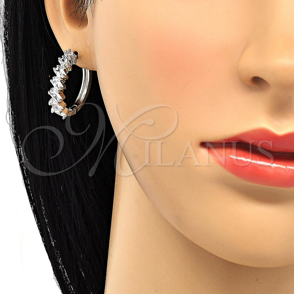 White Gold Filled Hoop Earrings — Huggie Hoop Baguette Design with White Cubic Zirconia — alternate product view — SKU 120625 | Oro Laminado Blanco aretes de aro — Huggie Hoop Baguette diseño with blanco Cubic Zirconia — SKU 120625