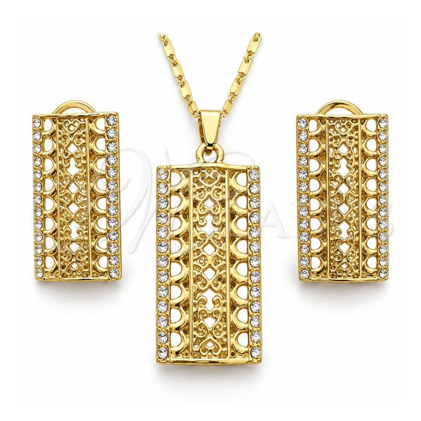 Oro Laminado Earring and Pendant Adult Set, Gold Filled Style with White Crystal, Polished, Golden Finish, 10.306.0020