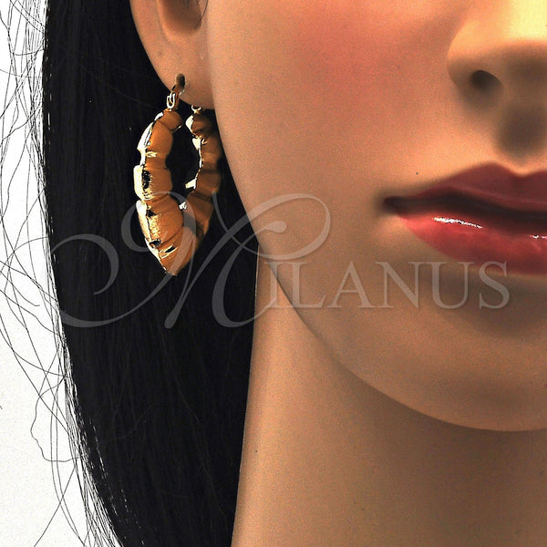 Gold Filled Hoop Earrings — Medium Hoop Bamboo and Hollow Design Brushed 02. — alternate product view — SKU 120790 | Oro Laminado aretes de aro — Medium Hoop Bamboo and Hollow diseño Brushed 02. — SKU 120790