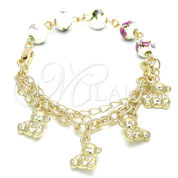 Gold Filled Bracelet — Charm Bracelet Teddy Bear and Flower Design Polished — main product view — SKU 120833 | Oro Laminado brazalete — Charm Bracelet Teddy Bear and flor diseño pulido — SKU 120833