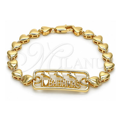 Oro Laminado Fancy Bracelet, Gold Filled Style Dolphin and Heart Design, Polished, Golden Finish, 03.63.1854.07 (07 MM Thickness, 7 Inches Length)