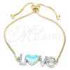 Oro Laminado Adjustable Bolo Bracelet, Gold Filled Style Love and Heart Design, Turquoise Enamel Finish, Two Tone, 03.63.1859.10 (01 MM Thickness, 10 Inches Length)
