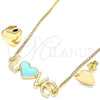 Oro Laminado Earring and Pendant Adult Set, Gold Filled Style Love and Heart Design, Turquoise Enamel Finish, Golden Finish, 06.63.0214