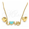 Oro Laminado Earring and Pendant Adult Set, Gold Filled Style Love and Heart Design, Turquoise Enamel Finish, Golden Finish, 06.63.0214