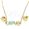 Oro Laminado Earring and Pendant Adult Set, Gold Filled Style Love and Heart Design, Turquoise Enamel Finish, Golden Finish, 06.63.0214