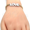 Oro Laminado Fancy Bracelet, Gold Filled Style Love and Heart Design, White Enamel Finish, Two Tone, 03.63.1861.07 (04 MM Thickness, 7 Inches Length)
