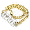 Oro Laminado Fancy Bracelet, Gold Filled Style Love and Heart Design, White Enamel Finish, Two Tone, 03.63.1861.07 (04 MM Thickness, 7 Inches Length)