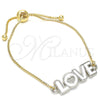 Oro Laminado Adjustable Bolo Bracelet, Gold Filled Style Love and Heart Design, White Enamel Finish, Two Tone, 03.63.1862.10 (01 MM Thickness, 10 Inches Length)
