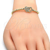 Oro Laminado Adjustable Bolo Bracelet, Gold Filled Style Heart and Ball Design, with White Micro Pave, Polished, Golden Finish, 03.299.0016.11 (04 MM Thickness, 11 Inches Length)