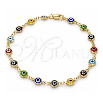 Oro Laminado Fancy Anklet, Gold Filled Style Evil Eye Design, Multicolor Resin Finish, Golden Finish, 5.039.005.3.10 (07 MM Thickness, 10 Inches Length)
