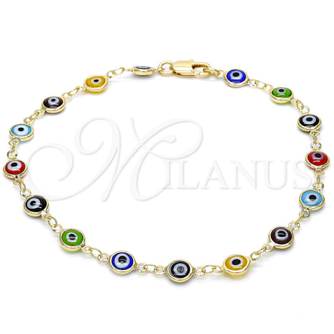 Oro Laminado Fancy Anklet, Gold Filled Style Evil Eye Design, Multicolor Resin Finish, Golden Finish, 5.039.005.3.10 (07 MM Thickness, 10 Inches Length)