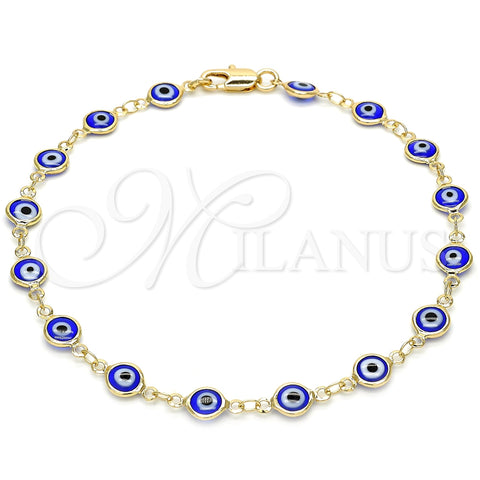 Oro Laminado Fancy Anklet, Gold Filled Style Evil Eye Design, Blue Resin Finish, Golden Finish, 5.039.005.1.10 (07 MM Thickness, 10 Inches Length)
