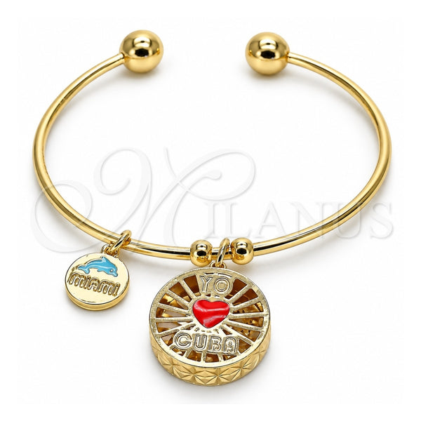 Oro Laminado Individual Bangle, Gold Filled Style Heart and Dolphin Design, with White Cubic Zirconia, Red Enamel Finish, Golden Finish, 07.106.0001 (02 MM Thickness, One size fits all)
