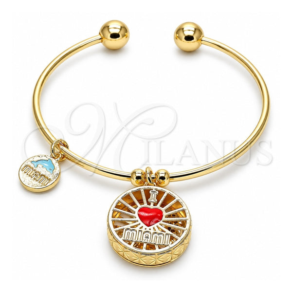 Oro Laminado Individual Bangle, Gold Filled Style Heart and Dolphin Design, with White Cubic Zirconia, Red Enamel Finish, Golden Finish, 07.106.0003 (02 MM Thickness, One size fits all)