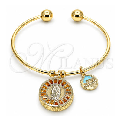 Oro Laminado Individual Bangle, Gold Filled Style Guadalupe and Dolphin Design, with White Cubic Zirconia, Diamond Cutting Finish, Golden Finish, 07.106.0005 (02 MM Thickness, One size fits all)