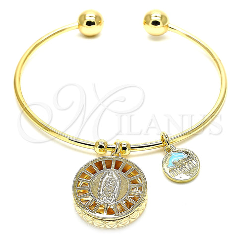 Oro Laminado Individual Bangle, Gold Filled Style Guadalupe and Dolphin Design, with White Cubic Zirconia, Diamond Cutting Finish, Golden Finish, 07.106.0005 (02 MM Thickness, One size fits all)
