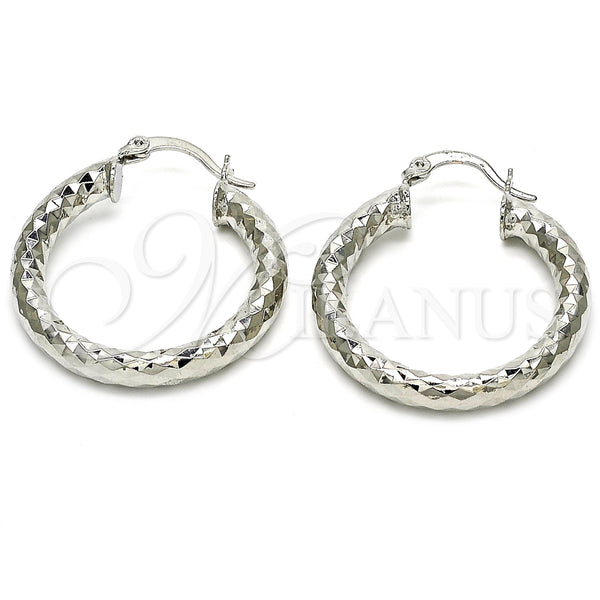 White Gold Filled Hoop Earrings — Medium Hoop Diamond Cutting 02. — main product view — SKU 121060 | Oro Laminado Blanco aretes de aro — Medium Hoop Diamond Cutting 02. — SKU 121060