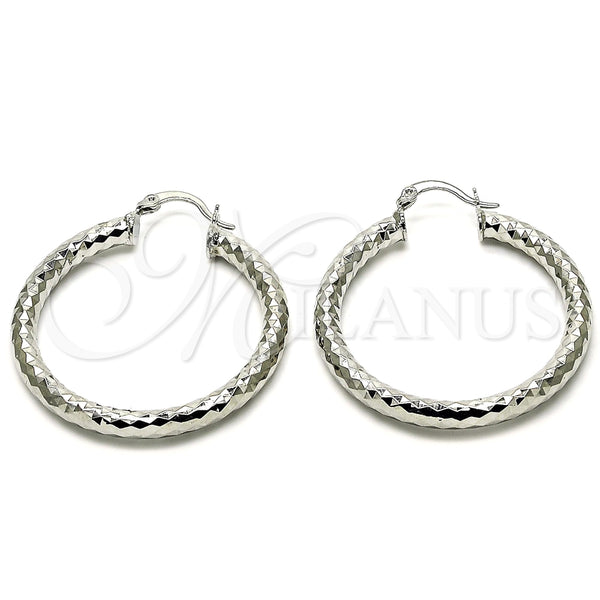 White Gold Filled Hoop Earrings — Medium Hoop Diamond Cutting 02. — main product view — SKU 121062 | Oro Laminado Blanco aretes de aro — Medium Hoop Diamond Cutting 02. — SKU 121062