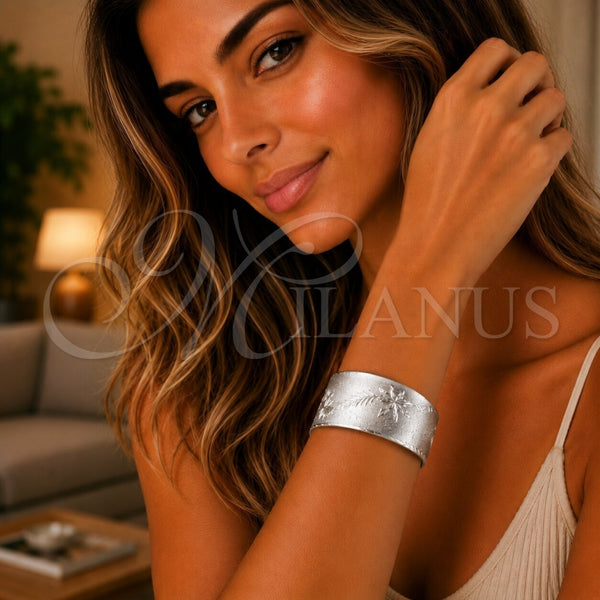 White Gold Filled Jewelry — Individual Bangle Flower and Leaf Design Diamond Cutting — alternate product view — SKU 121067 | Oro Laminado Blanco joyería — Individual Bangle flor and Leaf diseño Diamond Cutting — SKU 121067