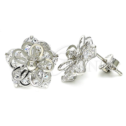 Rhodium Gold Filled Stud Earring, Flower Design, with White Cubic Zirconia, Polished, Rhodium Finish, 02.106.0022.1