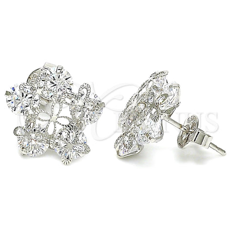 Rhodium Gold Filled Stud Earring, Flower Design, with White Cubic Zirconia, Polished, Rhodium Finish, 02.106.0025.1