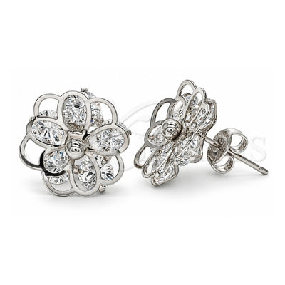 White Gold Filled Stud Earring, Flower Design, with White Cubic Zirconia, Polished, Rhodium Finish, 02.106.0030.1